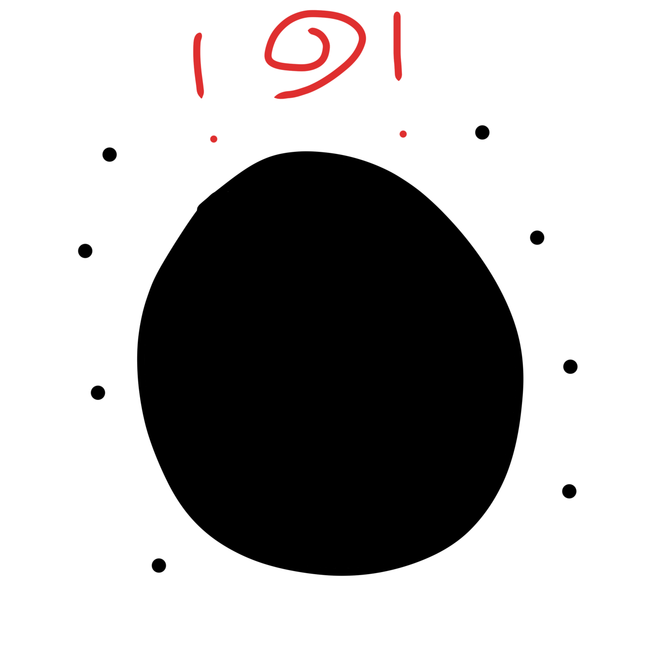  a big black circle with eight black dots on the sides. There’s a red spiral with two exclamation points above the symbol. 